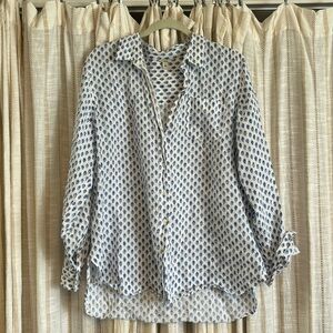 LL Bean 100% Linen Block Print Button-Down